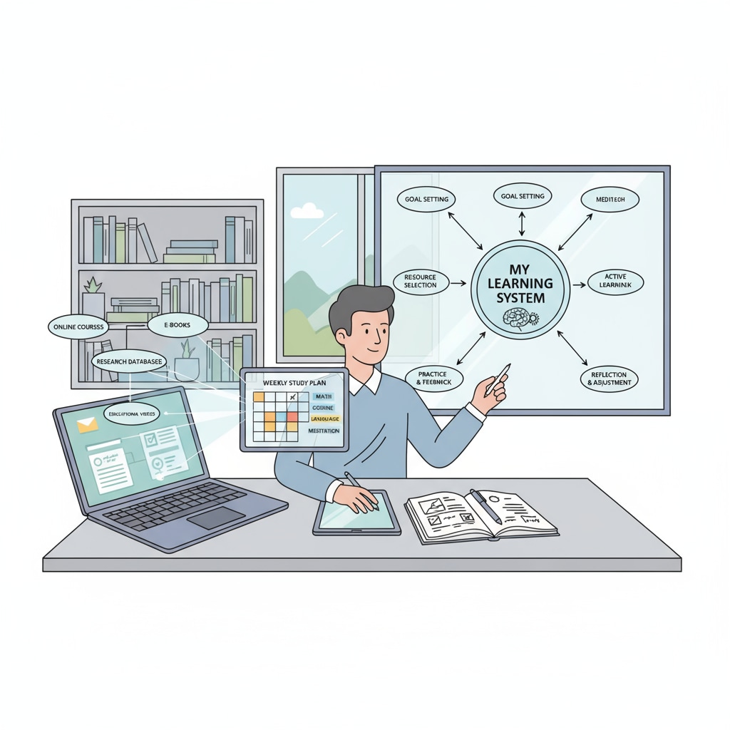 An individual is actively using digital resources and following a study plan to build a personalized learning system for self-improvement. A person building a personalized learning system for better high school performance and future life prospects