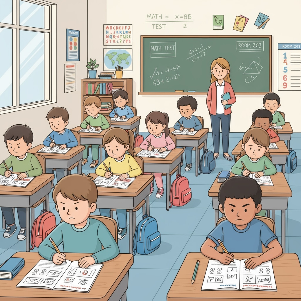 A group of elementary school students sitting at desks, focused on taking a test. Elementary school students taking the STAR Test to evaluate their academic performance.