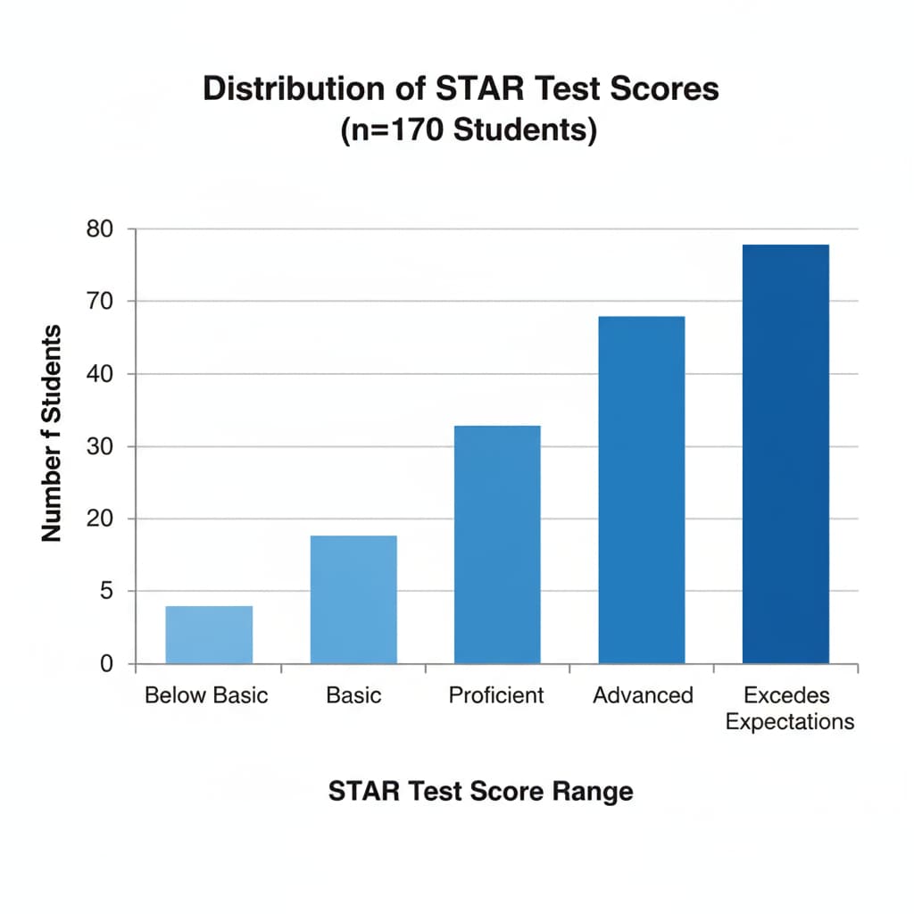 A bar graph showing the distribution of STAR Test scores among a group of students. Graph depicting the distribution of STAR Test scores for performance evaluation.
