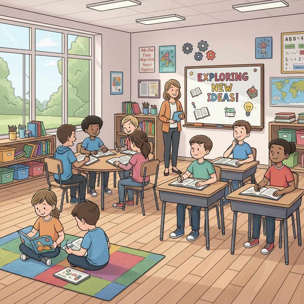 A group of students in a K12 classroom, engaged in various learning activities such as group discussions, reading, and writing. Students in a K12 classroom engaged in learning activities related to education, lifelong learning, and success