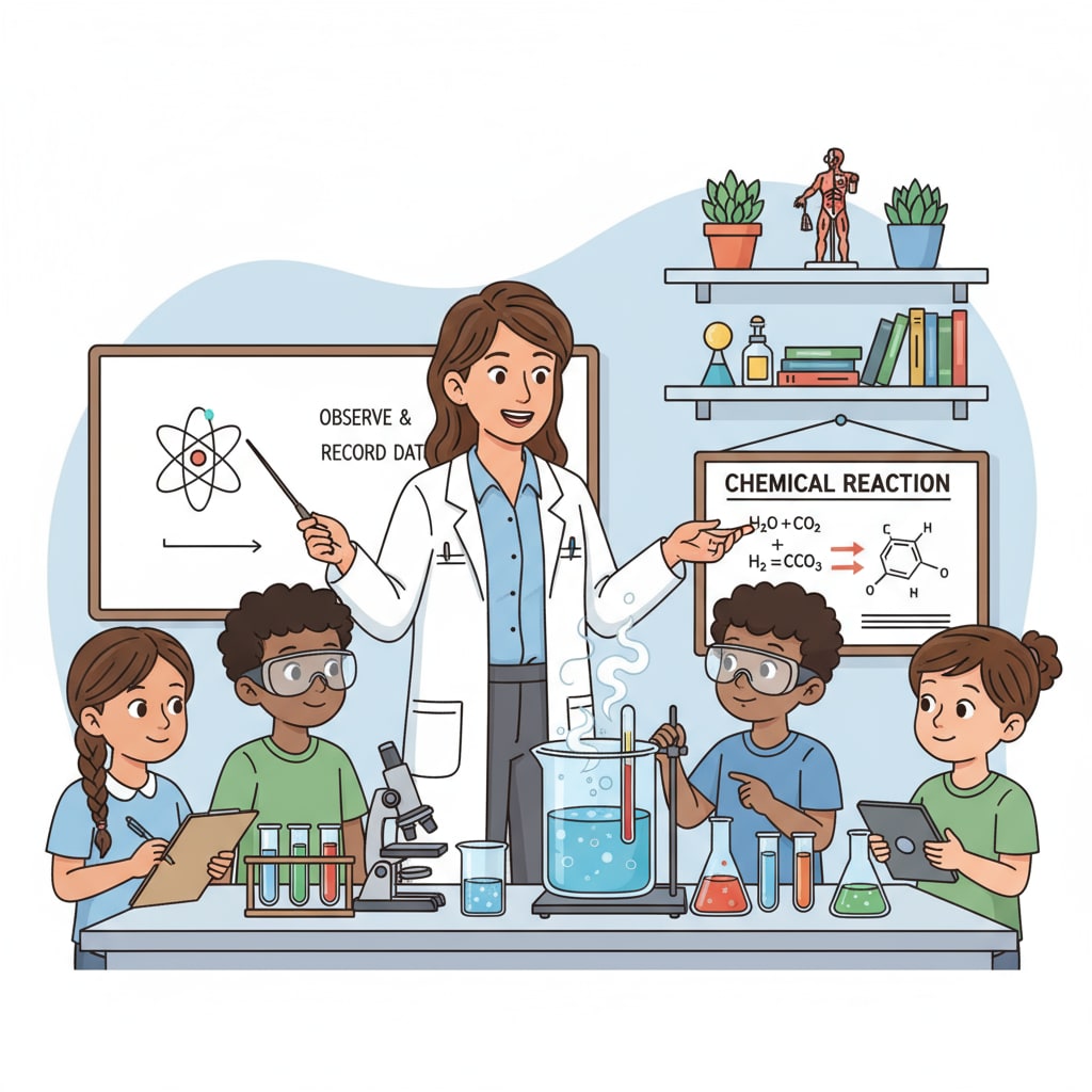 A teacher guiding students in a science experiment in a K12 school, with students observing and taking notes. A teacher guiding a science experiment in a K12 school for students' learning related to education, lifelong learning, and success