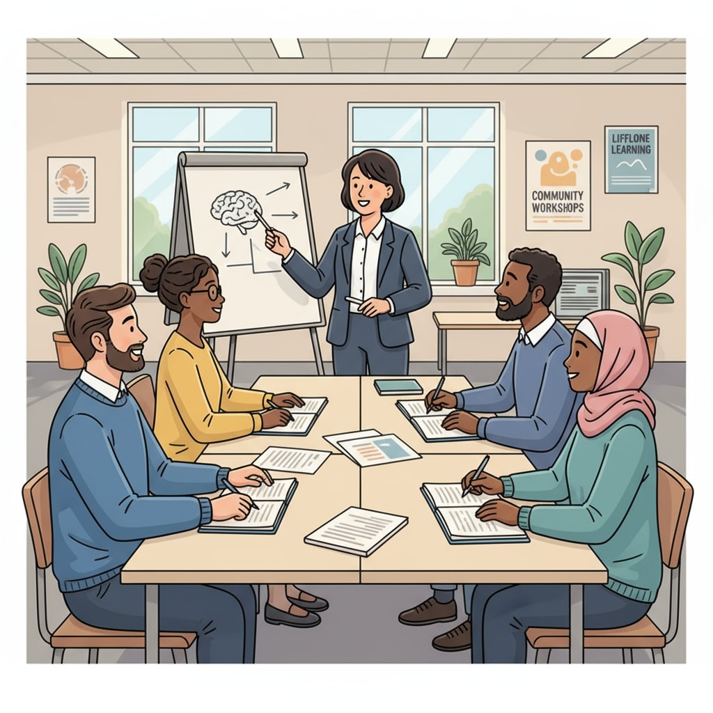 Adults are attending an adult education class in a community center. They are listening attentively to the teacher and taking notes. Adults with financial difficulties attending an adult education class for high school diploma completion