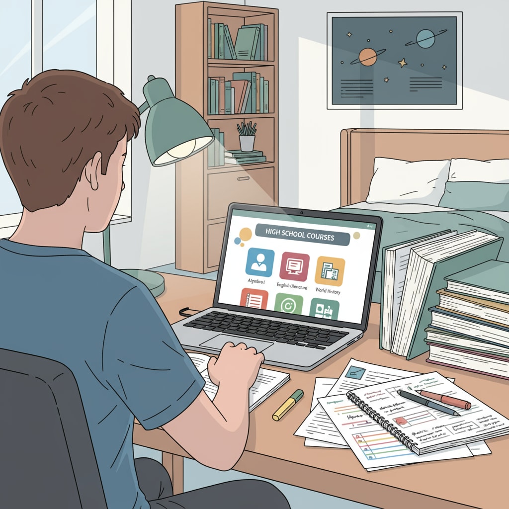A person is sitting at a desk, studying high school courses on a laptop. There are books and notes beside the laptop. An adult with financial difficulties studying high school courses online to obtain a diploma