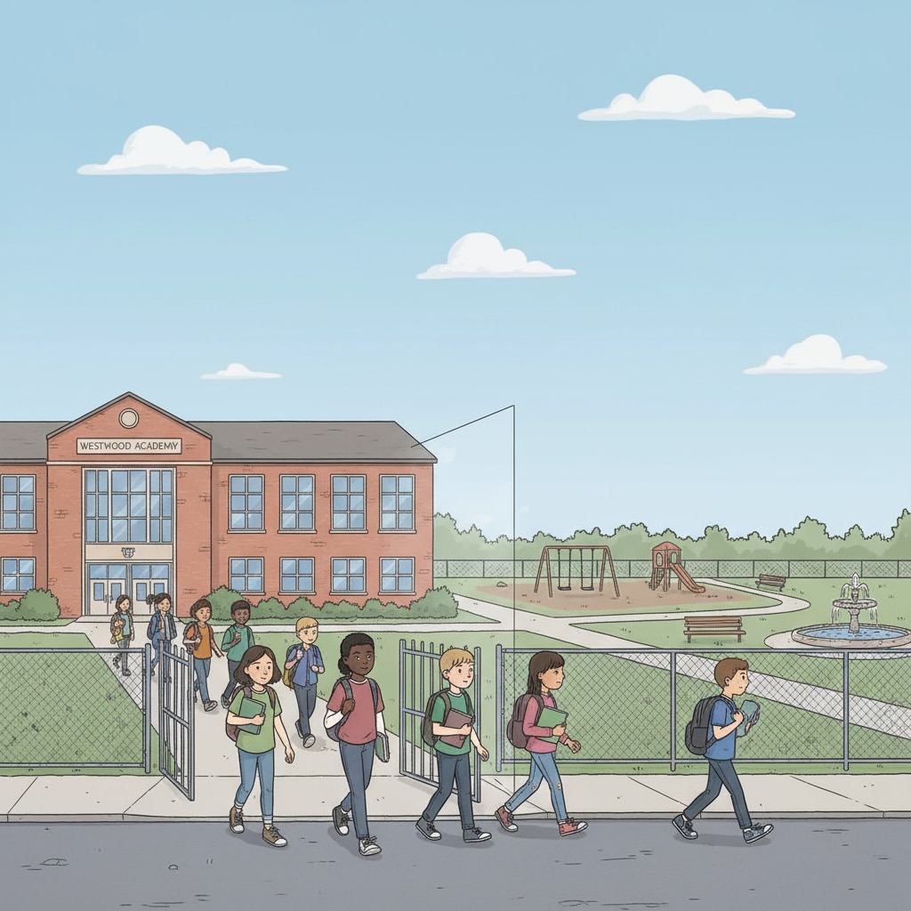 A group of students walking alone from a public school, with a view of an empty community area in the background. This shows the separation between the school and the community, with students having little interaction with the community environment. Students walking from public school with separated community in background, related to public schools, community separation, and youth activities