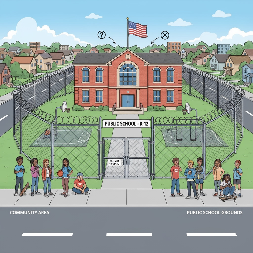 A public school building with a closed gate, separated from the surrounding community. It visually represents the isolation of public schools from the community, which is relevant to the topic of public schools, community separation, and youth activities. Closed - gate public school building separated from community, associated with public schools, community separation, and youth activities