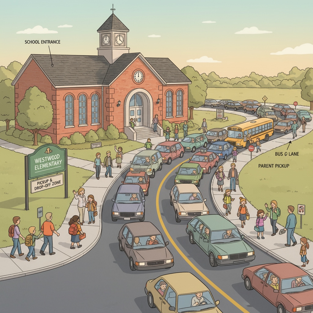 A busy scene around a small town school during pickup and drop-off time, with cars lined up and traffic congestion. Traffic congestion around a small town school during school pickup and drop-off
