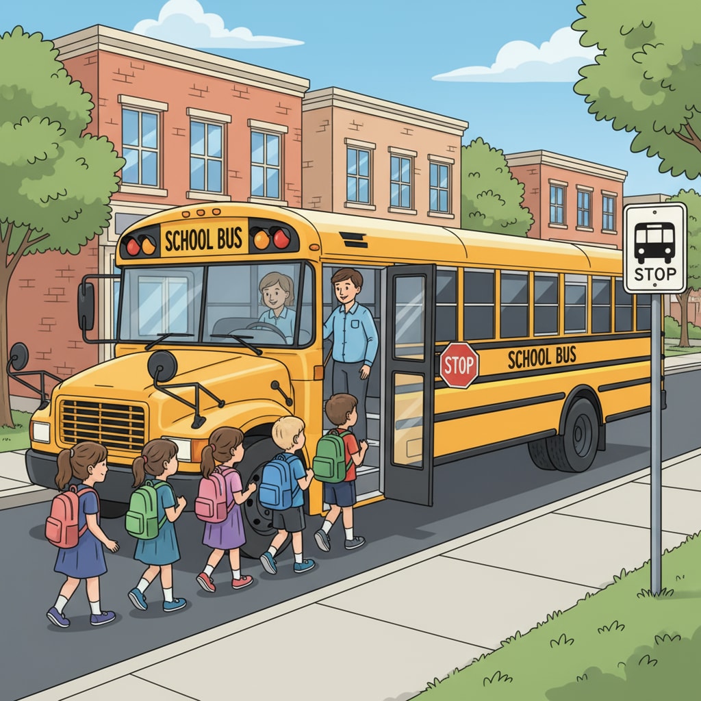 A yellow school bus stopping at a designated area to pick up students in a small town, with students getting on the bus in an orderly manner. School bus picking up students in a small town