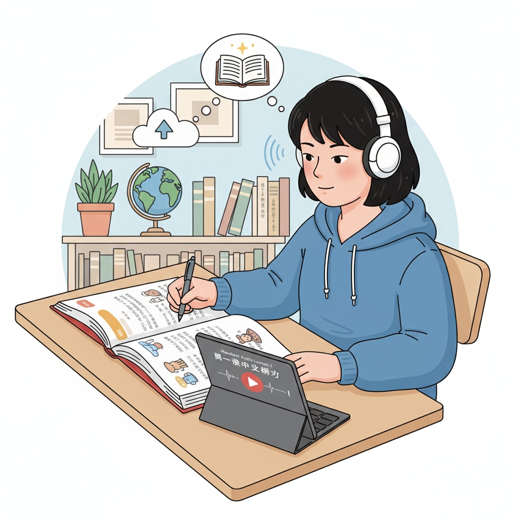 A student is listening intently to an audiobook while referring to a Chinese textbook, showing the combination of digital and traditional learning materials. A student using an audiobook for Chinese language learning