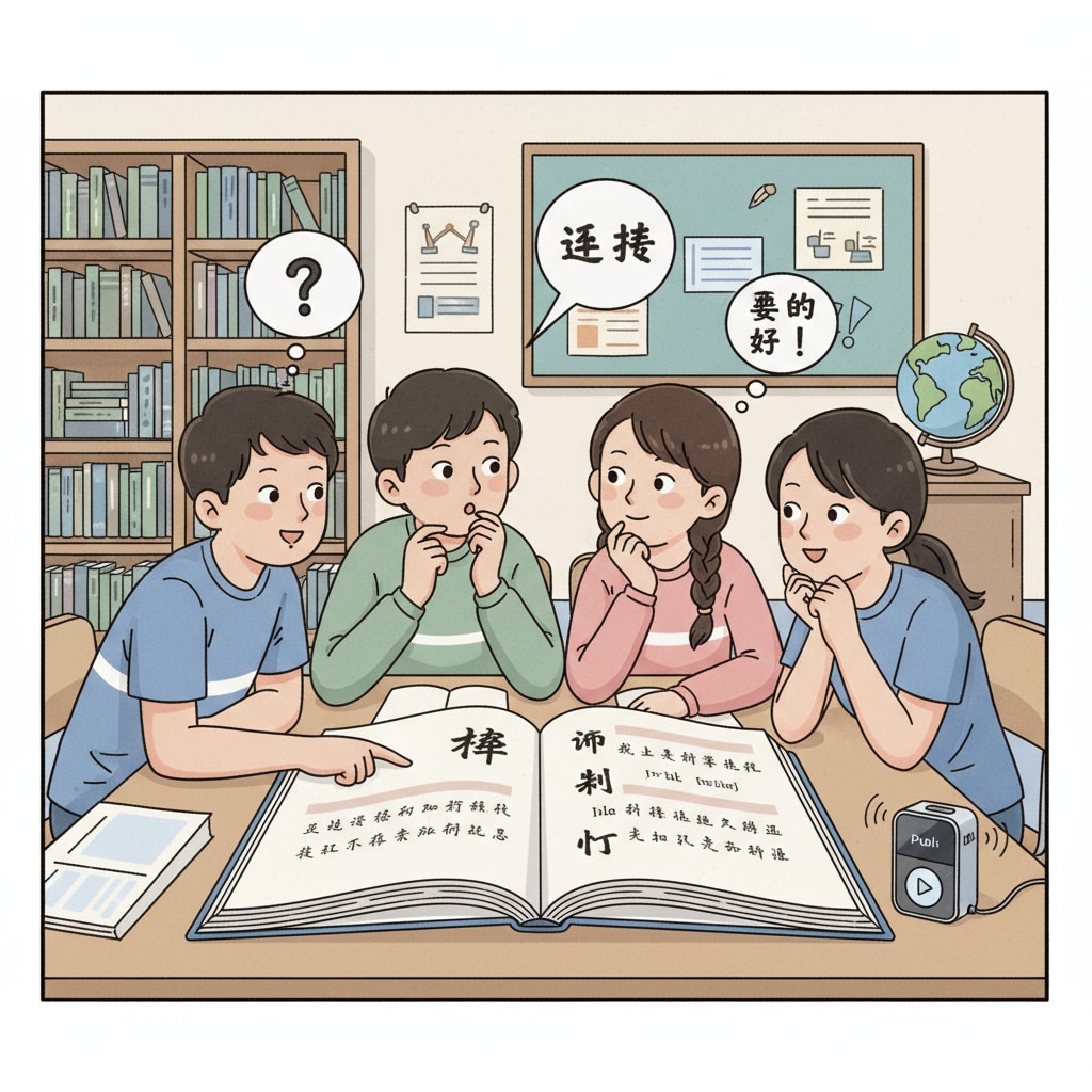 A group of students are gathered around, discussing a Chinese passage with an audiobook playing softly in the background, depicting a classroom scenario with the use of audiobooks. Students discussing a Chinese passage with an audiobook in the background