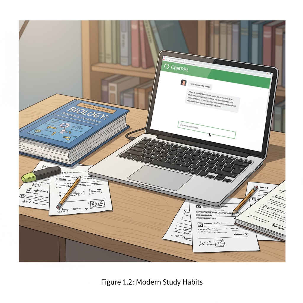 A student is sitting at a study desk. There is a laptop open in front of the student, showing the ChatGPT interface. The student is looking at the screen while having a textbook and some papers related to homework beside. A student using ChatGPT while doing homework