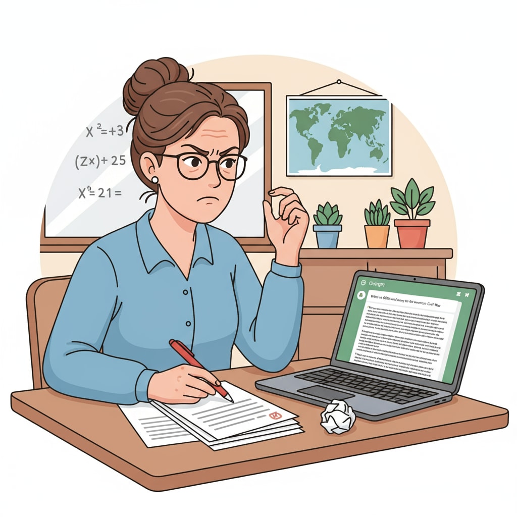 A teacher is sitting at a table, grading papers with a pen in hand. Next to the papers, there is a laptop open, showing a ChatGPT window, and the teacher has a frustrated expression on their face. A teacher frustrated by possible ChatGPT - assisted cheating while grading papers