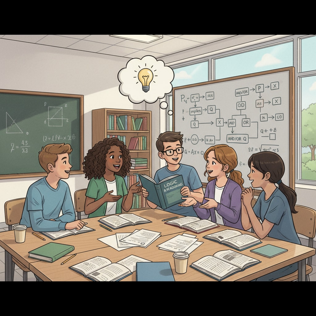 A group of high school students are engaged in a lively discussion about a logical problem in a classroom setting, with textbooks and papers on their desks. High school students discussing logical fallacies to enhance critical thinking and recognize propaganda.