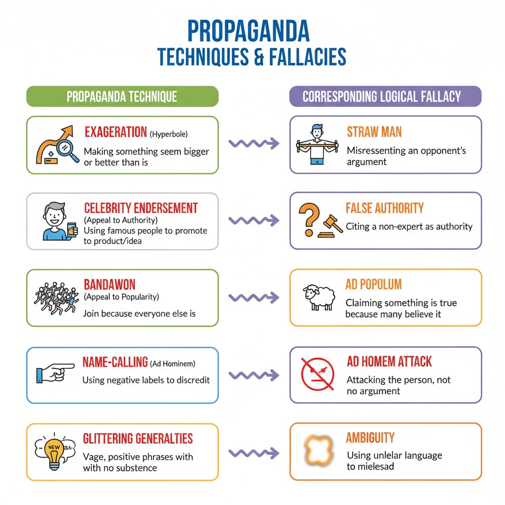 A colorful infographic展示了常见的宣传技巧,如夸张、名人代言等,旁边标注了对应的逻辑谬误。 Visual representation of propaganda techniques and associated logical fallacies for students to recognize.