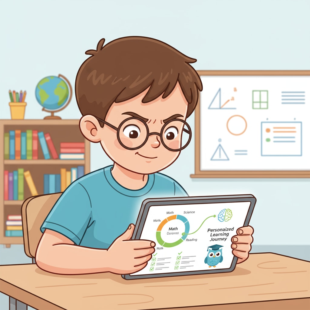 A student using an adaptive learning platform on a tablet, with a focused expression Student using an educational technology tool for personalized classroom learning