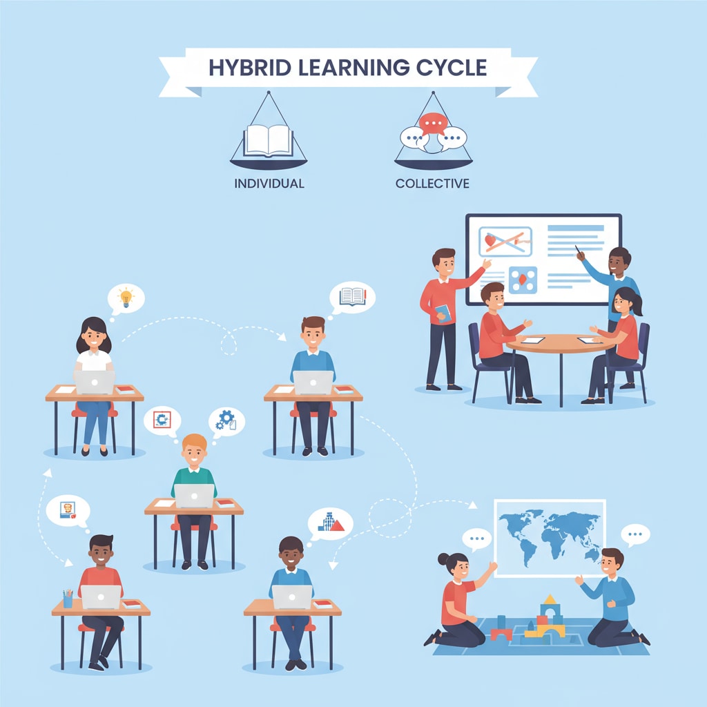 A classroom scene shows students working individually at their desks and also gathering in small groups for discussions. This represents the balance between individual and collective learning in the hybrid teaching cycle. A classroom demonstrating the hybrid teaching cycle with transactional and transformative learning elements
