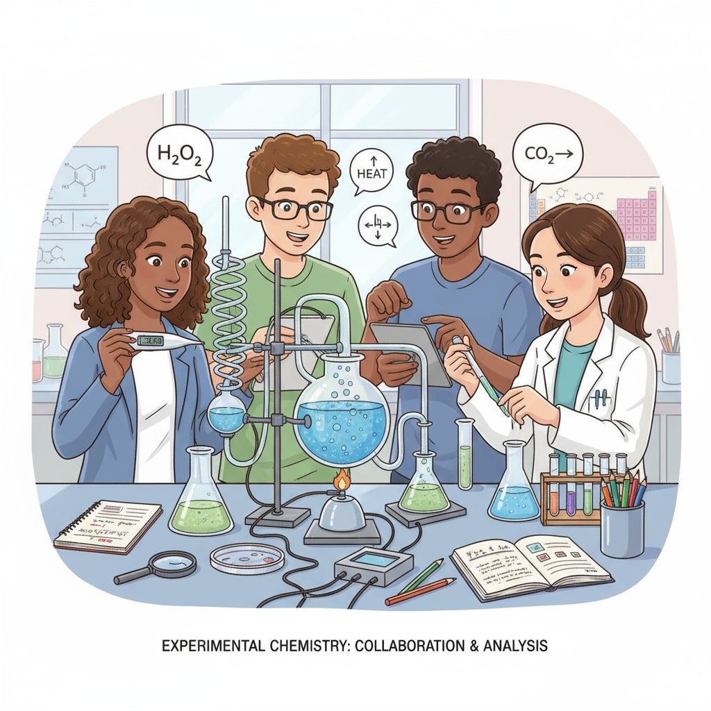 A group of students are gathered around a science experiment setup, actively collaborating, measuring, and discussing results. This depicts the transformative learning aspect within the hybrid teaching cycle. Students engaged in transformative learning through a science experiment in the context of the hybrid teaching cycle