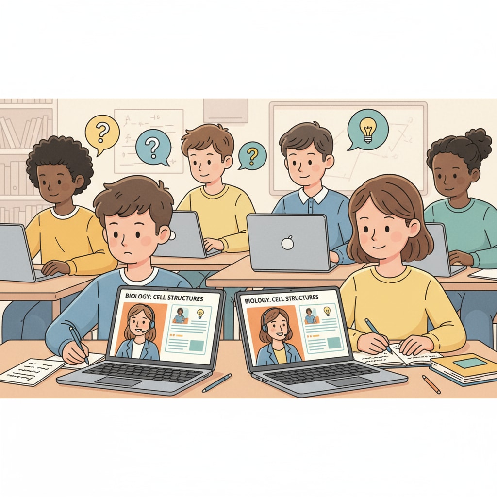 A group of students is sitting in front of their computers, attentively listening to the teacher during an online class. They have notebooks and pens ready, showing their engagement in the learning process. Students attending an online school class to enhance productivity and maintain mental health while avoiding procrastination