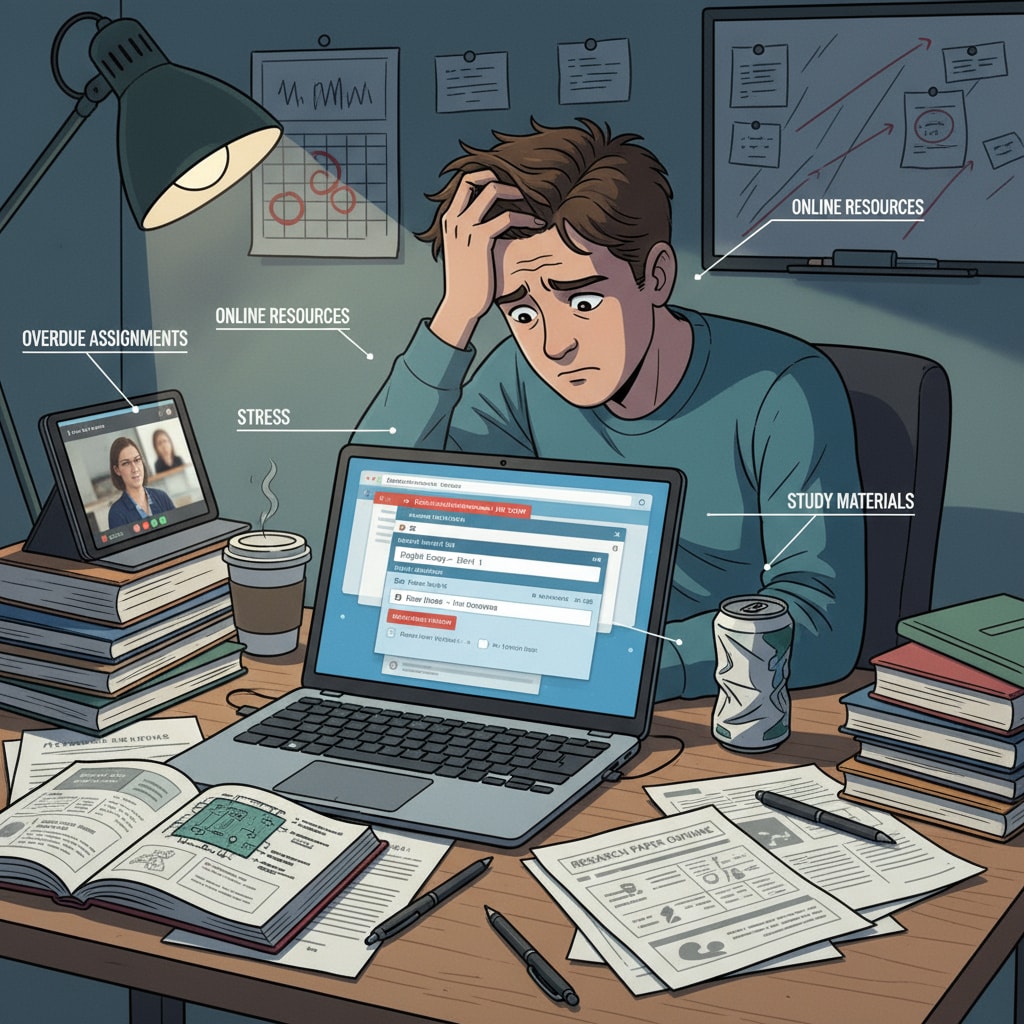 A student is sitting at a desk with a laptop open. There are unfinished assignments on the screen, and the student has a stressed expression on their face, surrounded by papers related to online school tasks. A student facing challenges with procrastination in an online school setting, affecting productivity and mental health