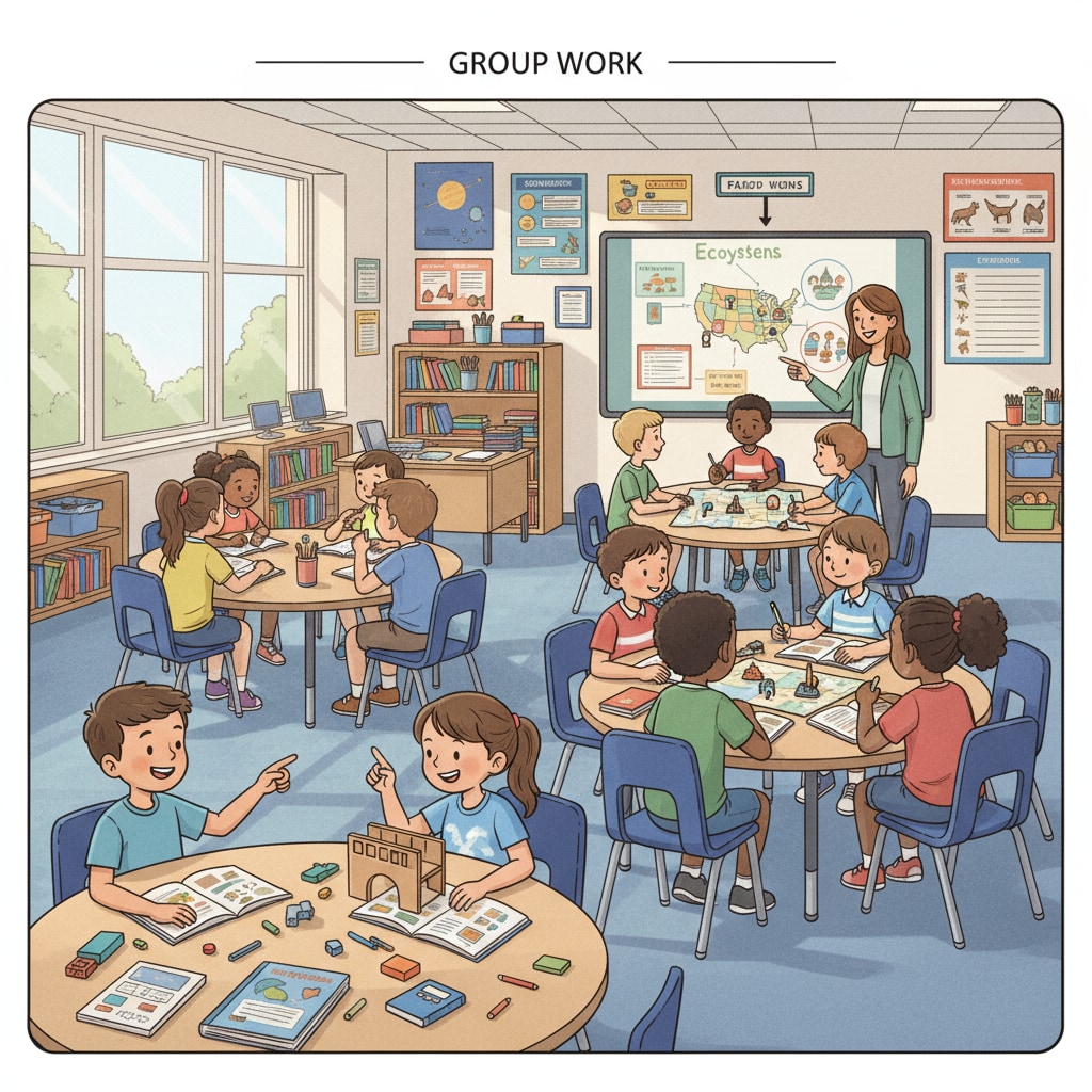 A classroom in the United States with students actively engaged in group discussions and hands-on activities. A US classroom scene highlighting the active learning environment in American education systems.