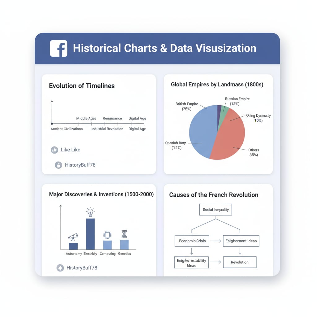 A screenshot of a Facebook page filled with various historical chart - related posts, showing different types of charts like timelines and pie charts. Historical charts on Facebook page for resource search