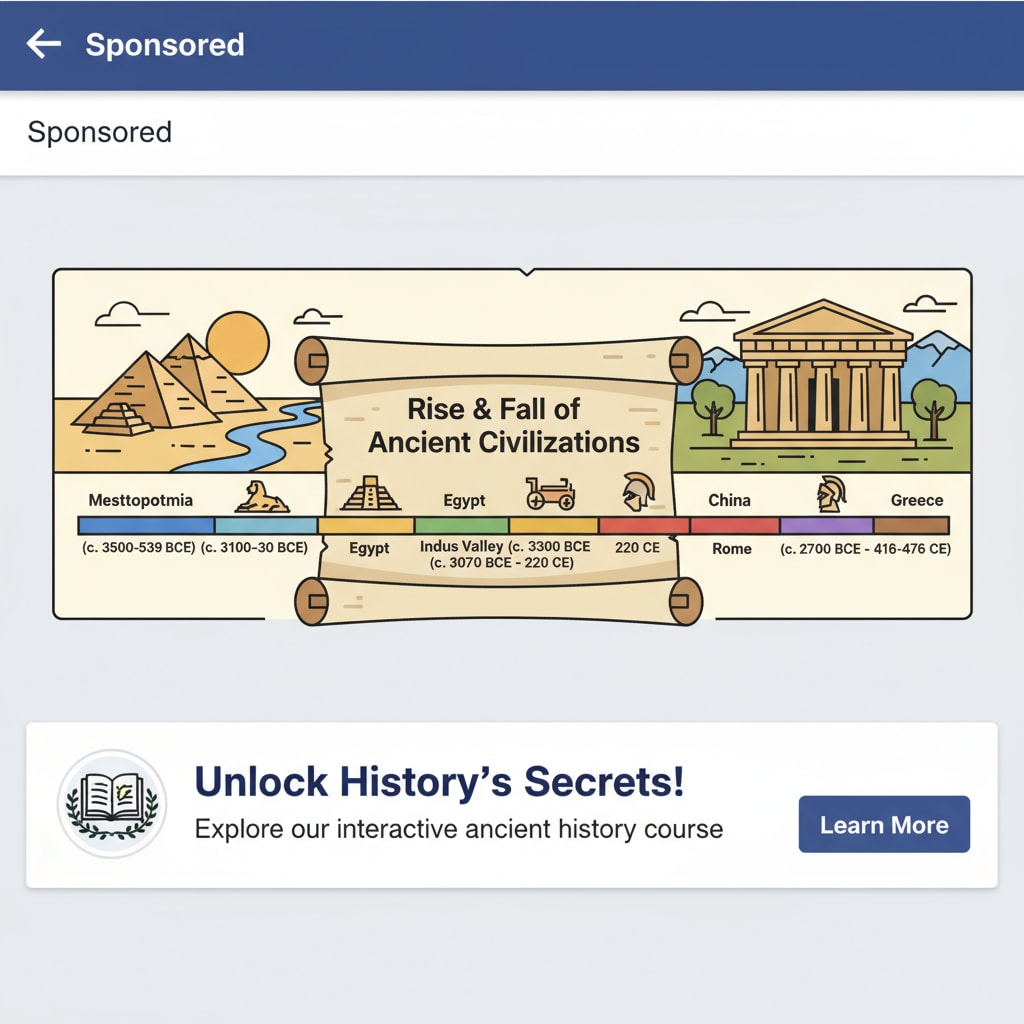 A Facebook ad highlighting a historical chart about ancient civilizations, with images of pyramids and ancient Greek architecture. Facebook ad featuring a historical chart for K12 education