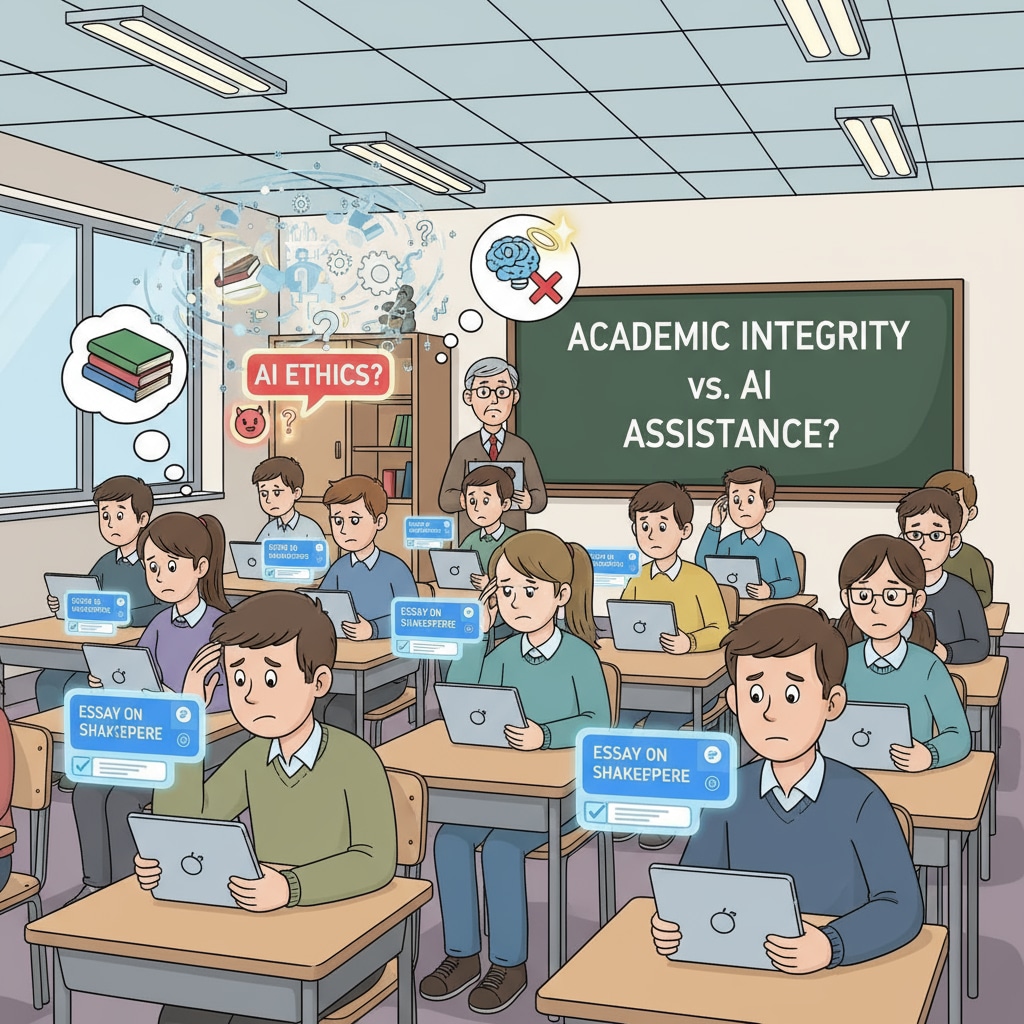 Students sitting at desks, looking confused while using devices with ChatGPT interface open, symbolizing the moral dilemmas in using AI for academic tasks K12 students facing moral dilemmas while using ChatGPT for academic work