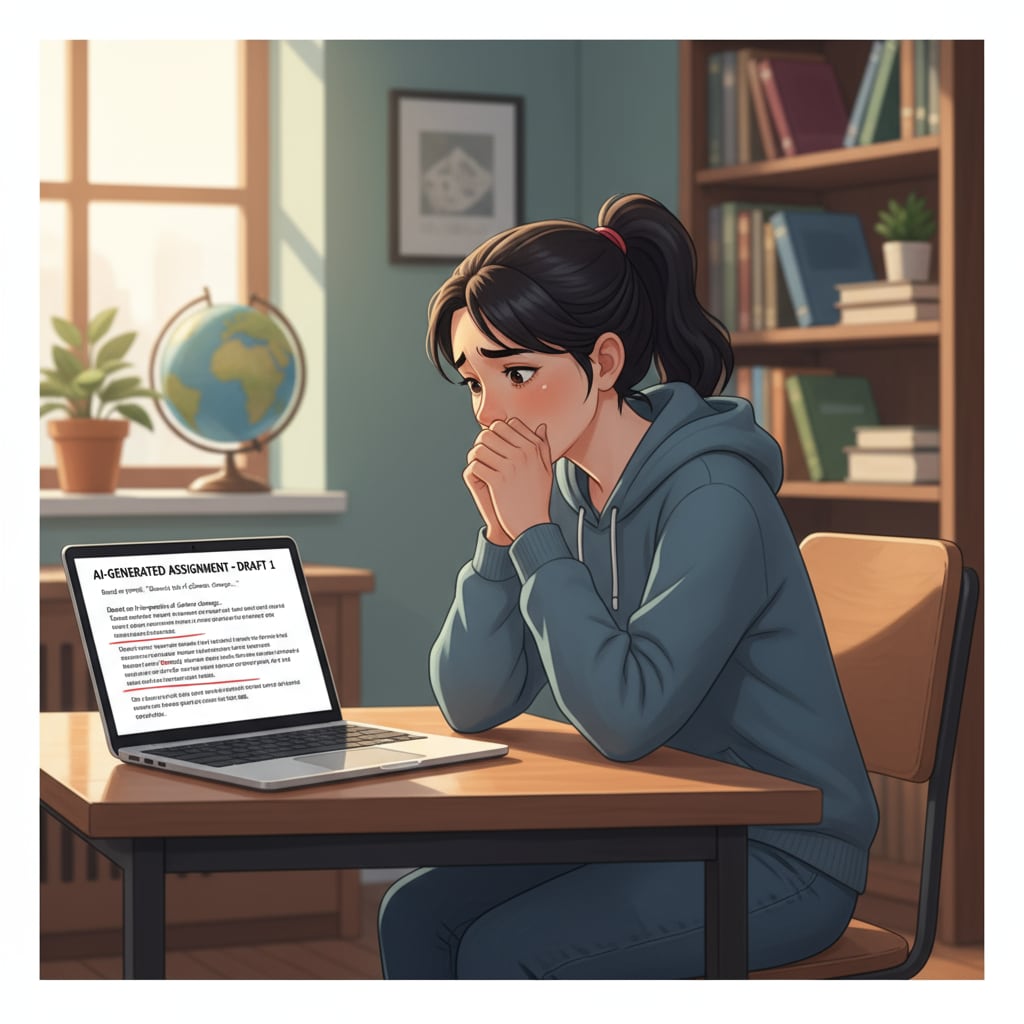 A student sitting alone in a study room, looking worried with a laptop showing an AI - generated assignment on the screen A K12 student experiencing guilt due to using AI for academic work