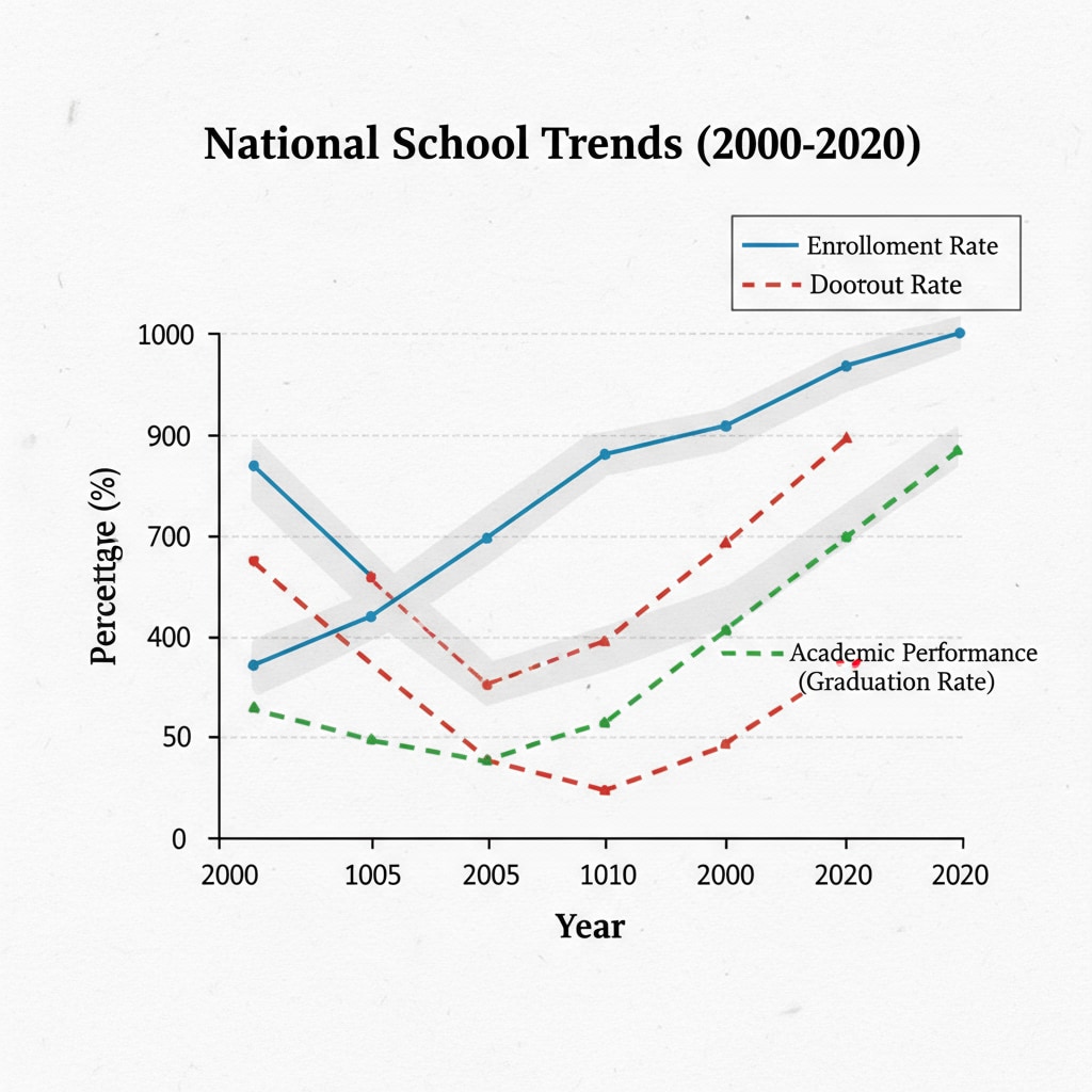 A graph depicting trends in school statistics data such as enrollment, dropout rates, and academic performance over the years. Graph showing various school statistics data trends related to school statistics, PISA, and educational assessment
