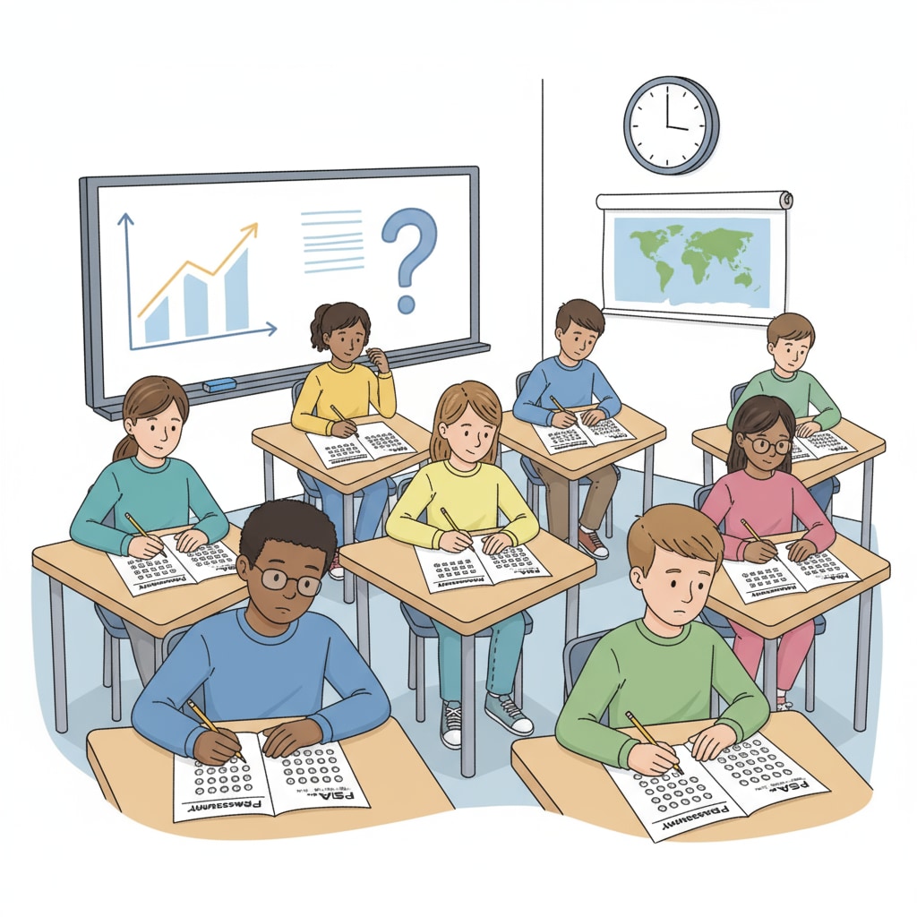 A group of students sitting at desks, focused on taking a PISA assessment with test papers and pencils in front of them. A group of students taking a PISA assessment relevant to school statistics, PISA, and educational assessment