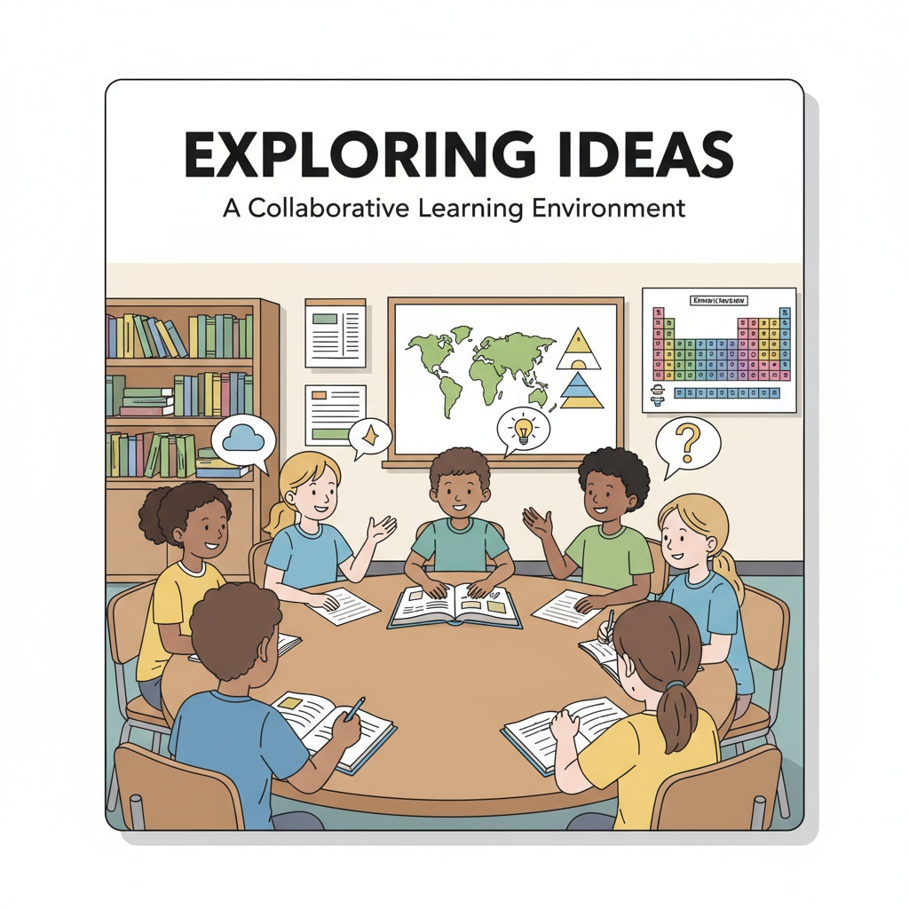 A group of K12 students are sitting around a table, discussing and studying together in a classroom environment. K12 students studying together for high scores and learning efficiency