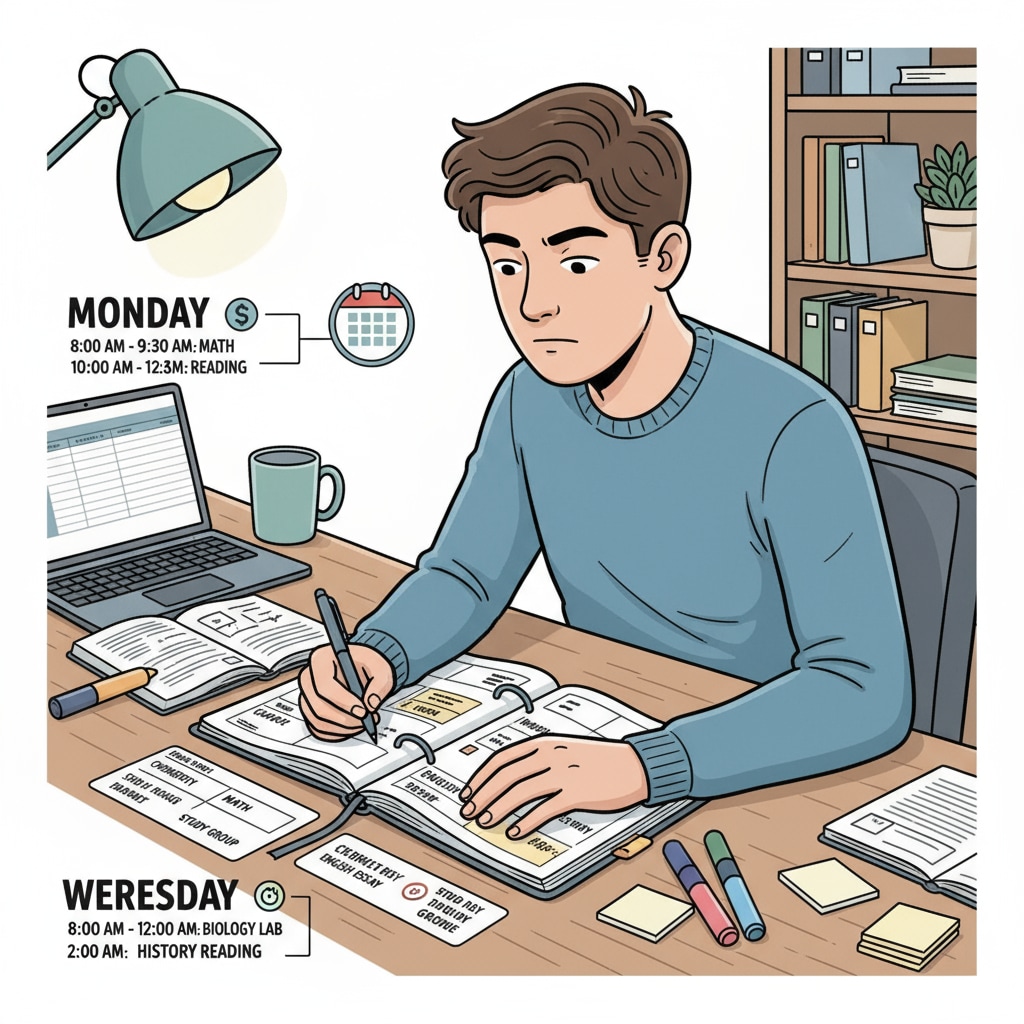A student is sitting at a desk, carefully writing in a planner, marking study times for different subjects. Student managing study time for better learning efficiency and high scores