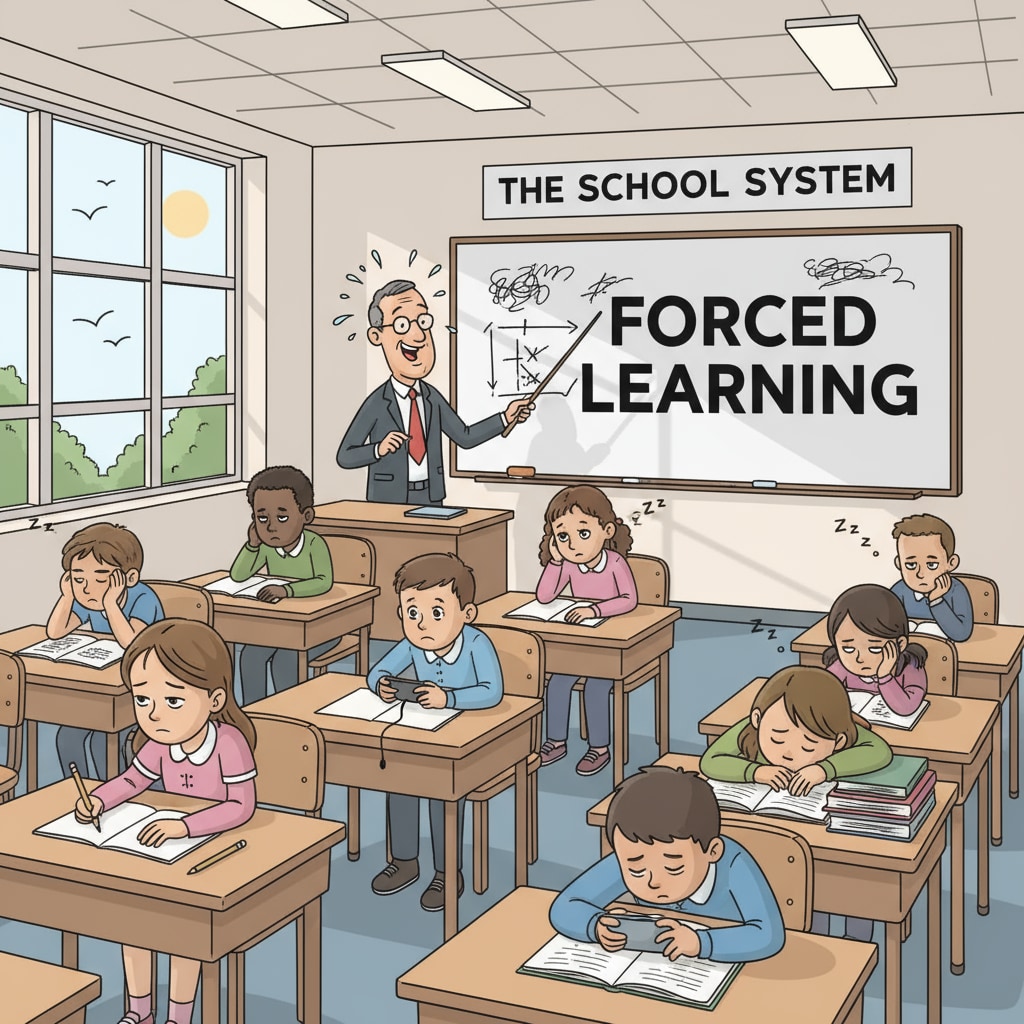 A classroom scene where students are sitting at desks, some looking bored while the teacher is teaching, representing the ineffectiveness of forced learning in the school system Bored students in a classroom showing the negative educational effects of forced learning in the school system
