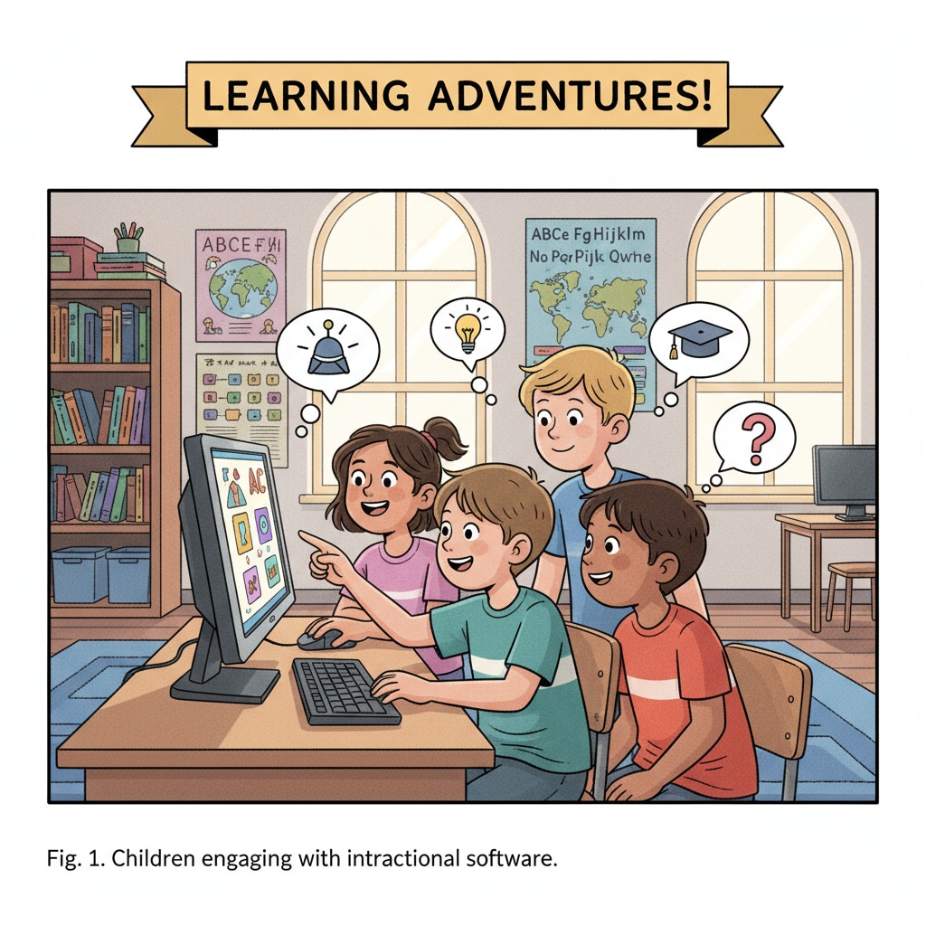 Children are gathered around a computer, enthusiastically participating in educational games. Children playing