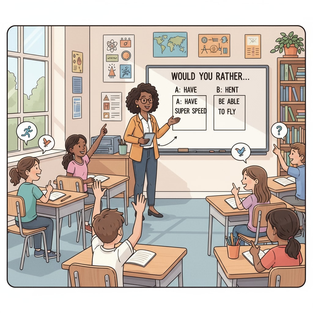 A teacher is standing in front of a classroom, leading a 'would you rather' activity. Students are actively engaged in the discussion. A teacher conducting a 'would you rather' educational game as a teaching resource in the classroom