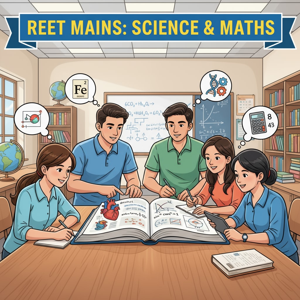 An illustration depicting students studying science and mathematics topics relevant to the REET Mains exam. Students studying science and mathematics for REET Mains