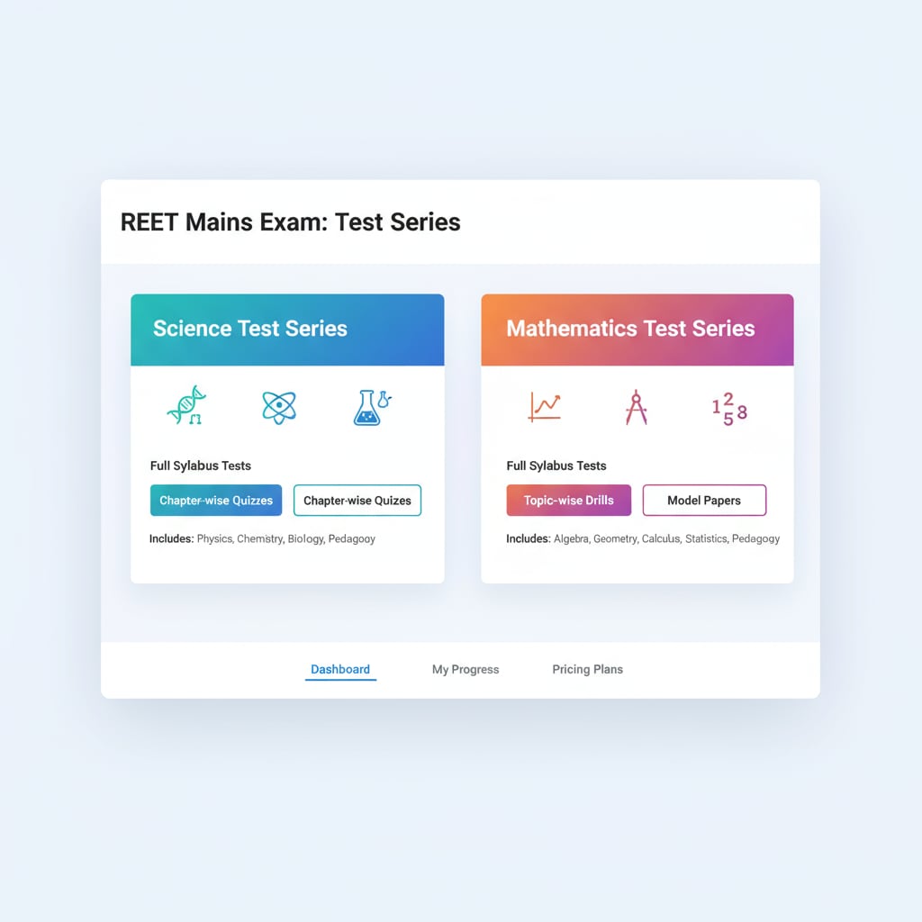 A visual representation of an online platform interface presenting science and mathematics test series options for the REET Mains exam. Online platform interface showing science and mathematics test series for REET Mains