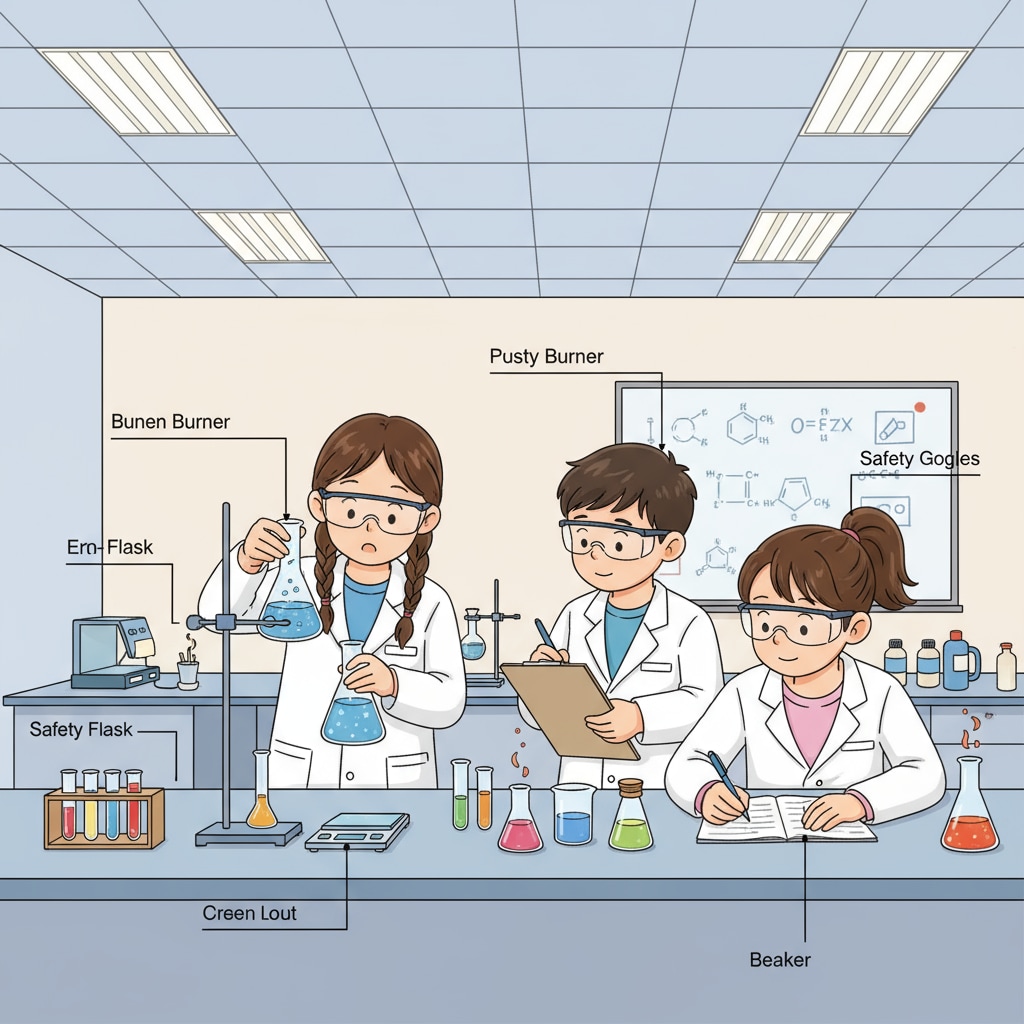 A group of K12 students are actively engaged in a simple chemistry experiment in a well-equipped laboratory. They are carefully observing the reaction and taking notes. K12 students conducting a chemistry experiment to foster their interest in chemistry and explore potential career paths