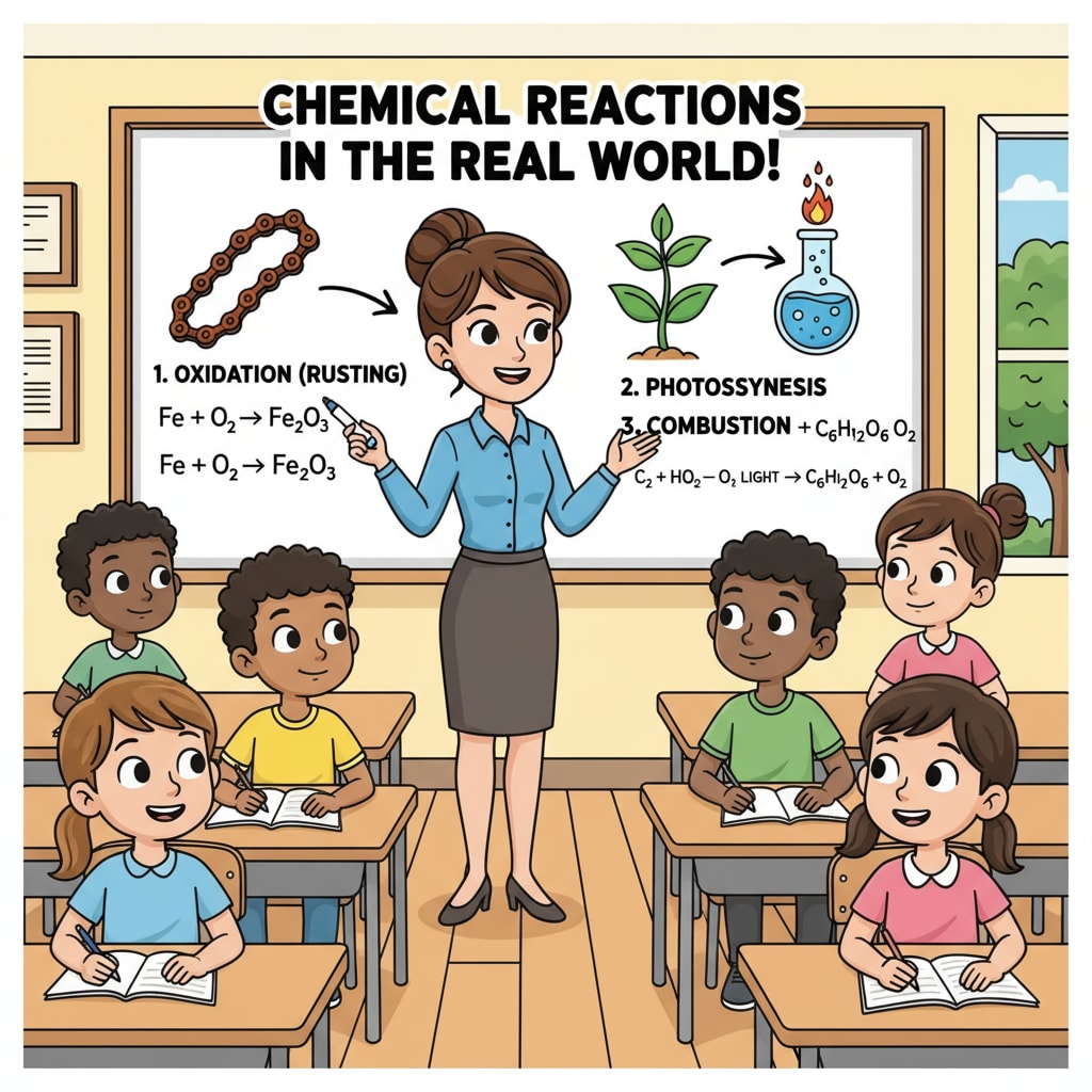 A teacher is standing in front of a whiteboard, explaining a chemical concept by using real-world examples. The students are listening attentively, showing their curiosity. A teacher using real-world examples to enhance students' understanding of chemistry, which is related to their career planning and research interests