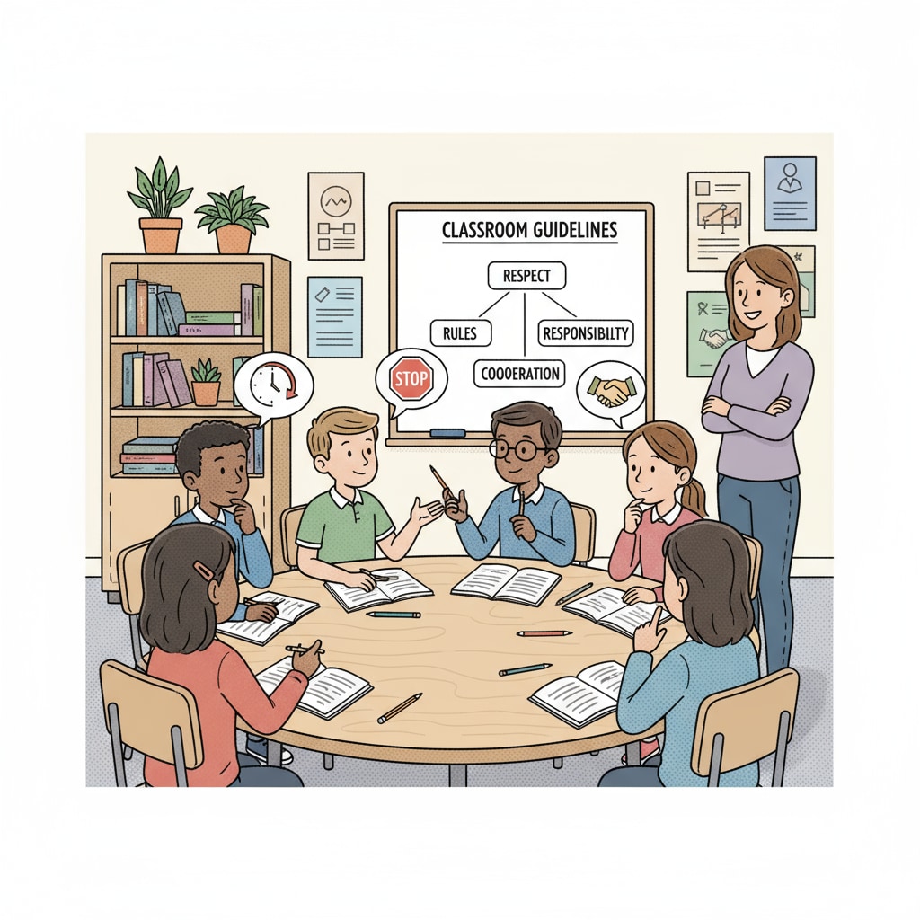 A classroom scene where students and teachers are having a discussion about discipline. Students are sitting around a table, expressing their opinions, and the teacher is listening attentively. Classroom discussion related to school discipline, parental demands, and restorative education