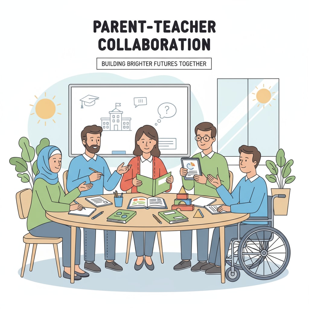 A group of parents and teachers having a friendly discussion in a meeting room. They are sitting around a large table, looking at some materials, and communicating actively. Parents and teachers discussing school discipline, parental demands, and restorative education