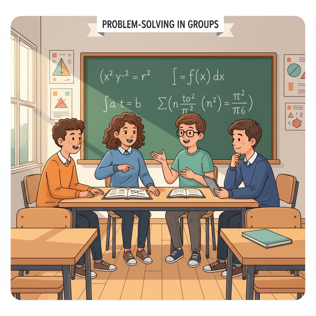 A group of high school students are engaged in a lively discussion about math problems in a classroom setting. The blackboard has some math equations written on it. High school students discussing calculus in a classroom, related to high school education, calculus, and parental expectations