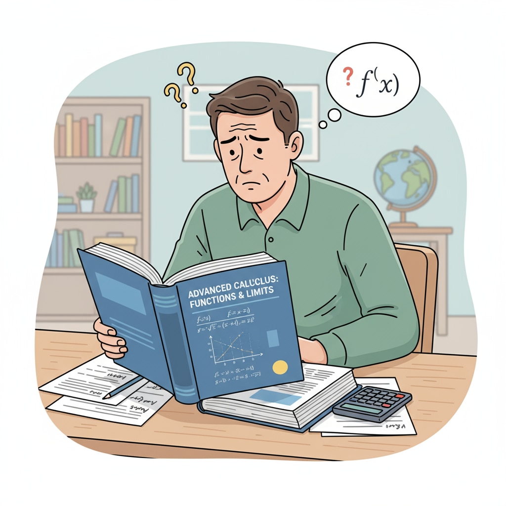 A parent is sitting at a desk, looking worried. There is a high school math book in front of them, indicating concerns about their child's progress in calculus. Worried parent with a high school math book, highlighting high school education, calculus, and parental expectations