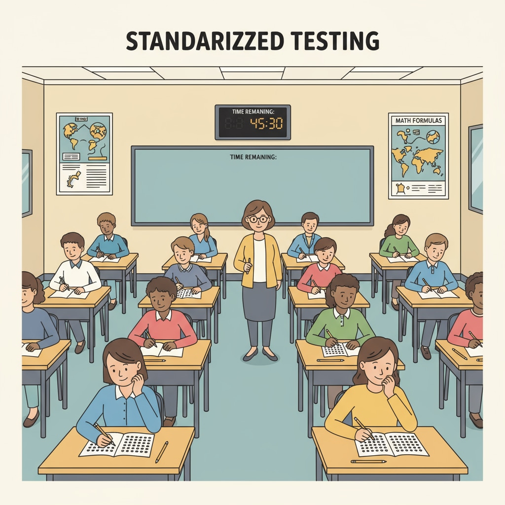 A classroom scene with students taking a standardized test Students taking a standardized test in a K12 classroom, highlighting the limitations of formal education in the context of lifelong learning and cultural awareness