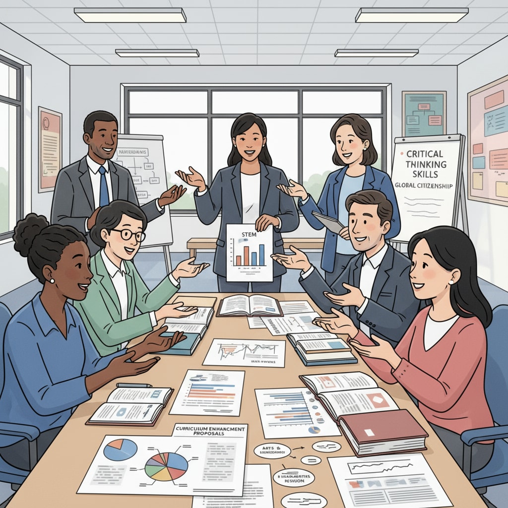 A group of non-white parents are gathered in a school meeting room, animatedly discussing ideas for curriculum improvement. There are papers and charts on the table, indicating their serious approach to shaping the educational content. Non-white parents engaged in educational discussion for curriculum design