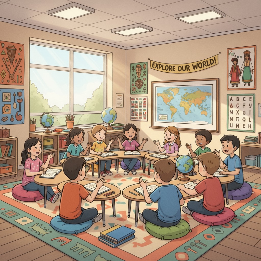 In a bright and colorful classroom, students of different ethnicities are sitting in a circle, having an enthusiastic discussion. The books and posters on the walls reflect diverse cultures, showing the influence of an inclusive curriculum. Diverse students engaged in learning inspired by inclusive curriculum design with non-white parents' input