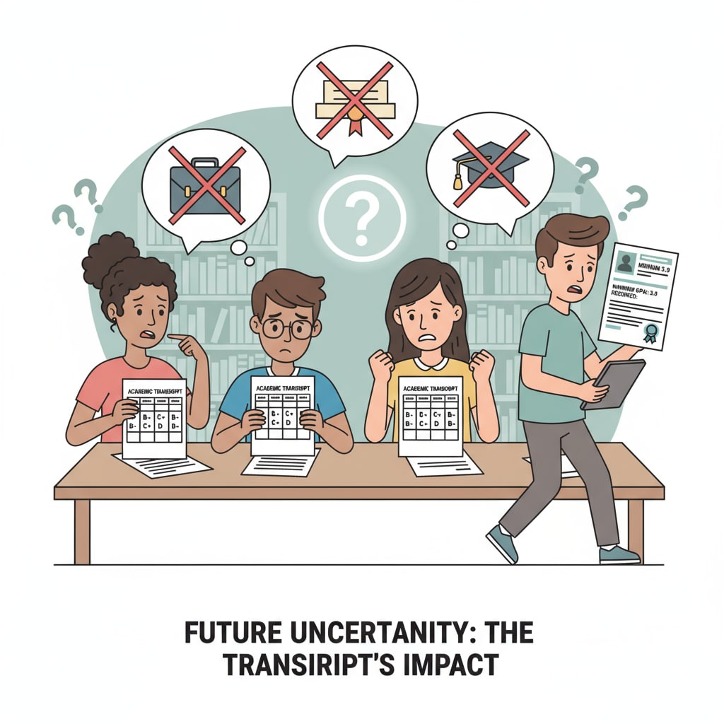 A group of students looking at their transcripts with worried expressions, showing the concern about how their grades will affect their future employment. Students worried about the impact of university grades on their post-graduation employment.