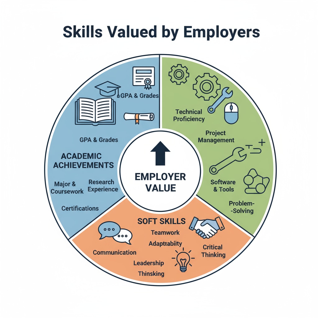 A graph presenting the various skills that employers value, including academic achievements, practical skills, and soft skills. Graph showing the different skills employers consider important for employment related to university grades and post-graduation value.