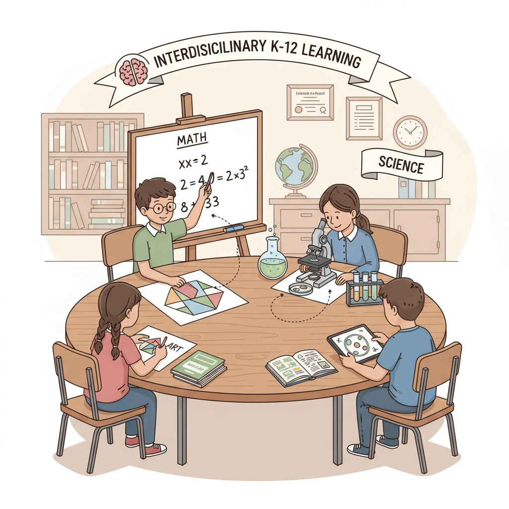 A group of students from different grades are sitting around a table, studying various subjects such as math, science, and art together, showing the concept of interdisciplinary learning in K12. K12 students engaged in interdisciplinary learning
