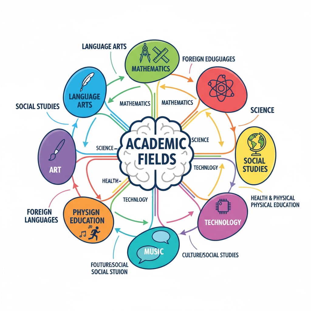 A colorful mind map with the nine academic fields - language arts, mathematics, science, social studies, art, music, physical education, foreign languages, and technology - and lines connecting them to show their relationships. Mind map of nine academic fields for K12 interdisciplinary learning