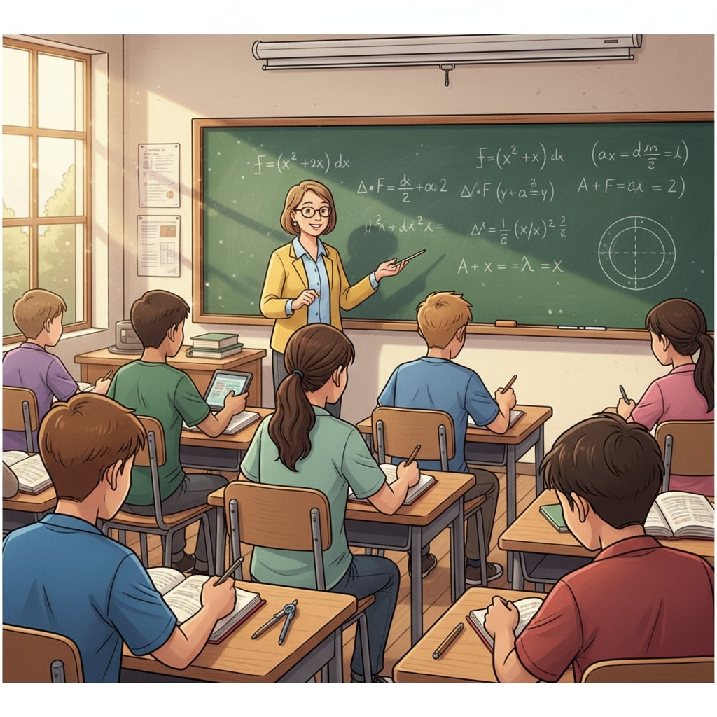A classroom scene where students are learning advanced math. There are blackboards with equations, and students are taking notes. Students learning advanced math in a school curriculum setting related to mathematics education practicality